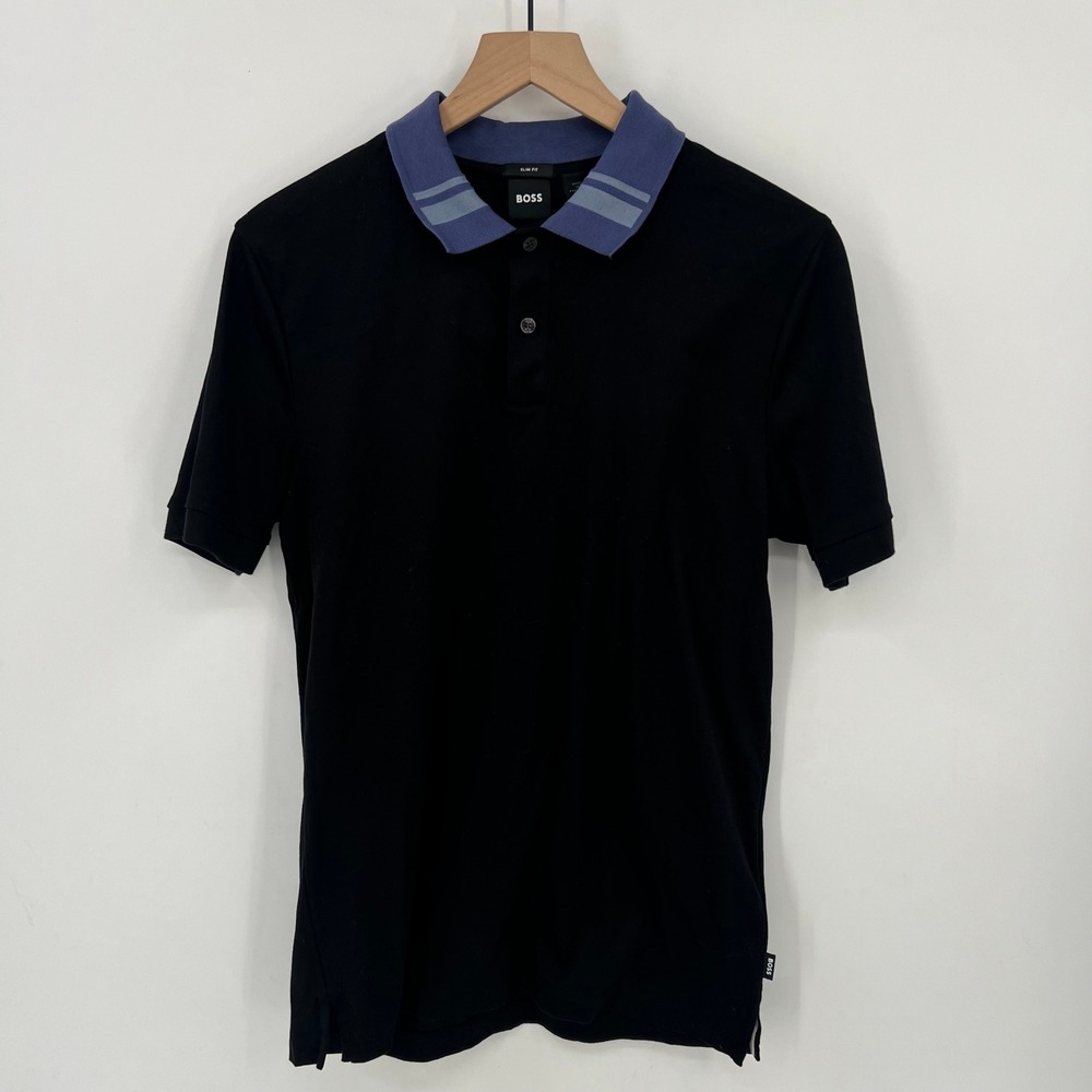BOSS Hugo Boss Size M Black Phillipson Slim Fit Polo Blue Collar 100% Cotton